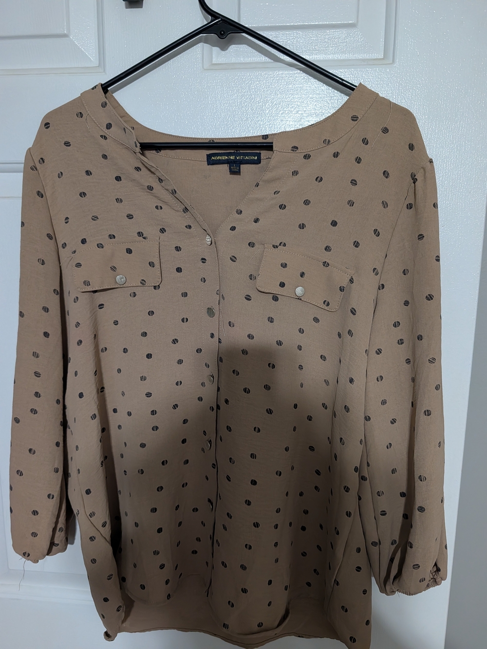 Adrienne Vittadini Tan Polka Dot Button-Front Blouse